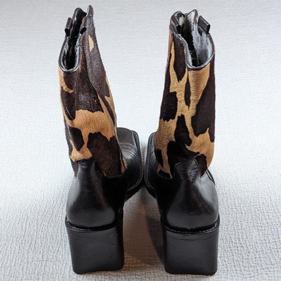vintage 90s womens Franco Sarto cow print calf hair boots black/tan US 7.5 M - Picture 4 of 7